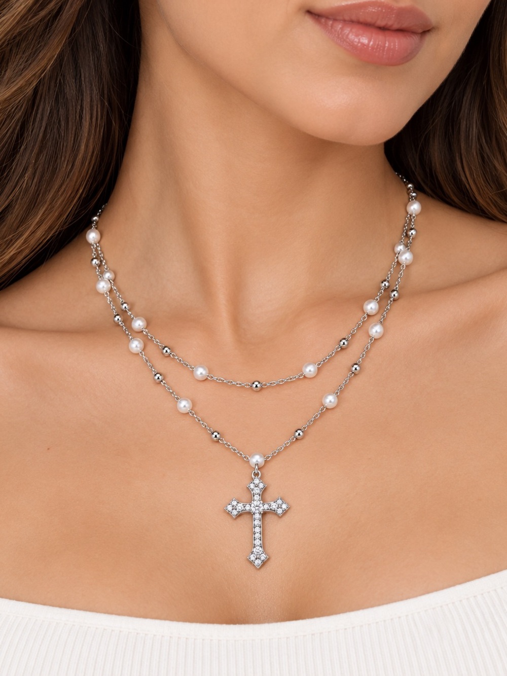 Guess Silver-Tone Pearl Layered Necklace with Crystal Cross